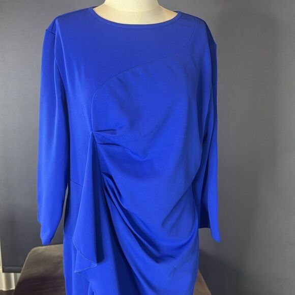 Women’s Blue Asymmetrical Ruffled Front Midi Dress 3/4 Sleeve Size 2XL NEW - Picture 2 of 16